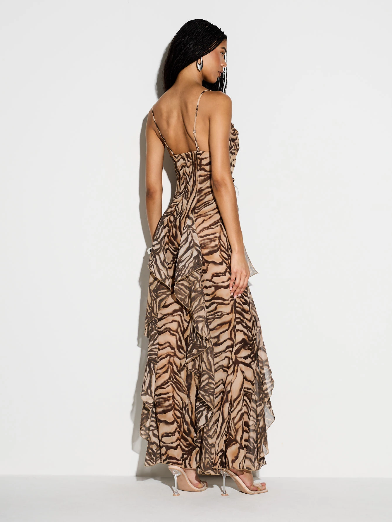 KIZN Tiger Print Cowl Neck Dress With Ruffles