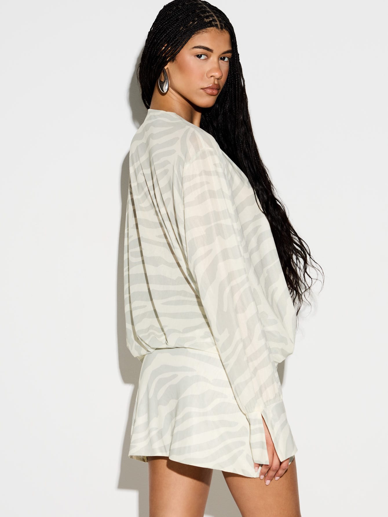 KIZN Long Sleeve Zebra Print Plunge Cover Up Dress
