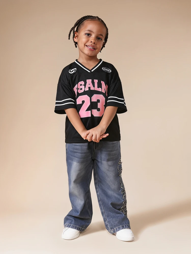 Oversized Boys Basketball Jersey Black V-Neck Short Sleeve Athletic Tee With Pink Psalm 23 Print Casual Streetwear Summer Top