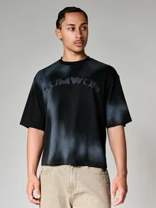 SUMWON Tie Dye Oversized Short Sleeve Crew Neck T-Shirt With Dark Blue Abstract Print - Black - View 3