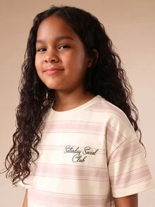 SUMWON Striped Tween T-Shirt And Shorts Co-Ord Set With Saturday Social Club Print Casual Summer Outfit For Girls - Beige - View 5