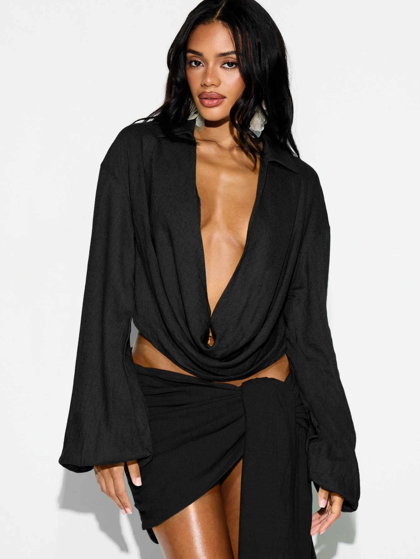 KIZN Oversized Cowl Neck Shirt With Bell Sleeves