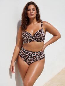 ELLERISSA Plus Size Leopard Print Cross Front Bikini Set - Multicolor - View 4