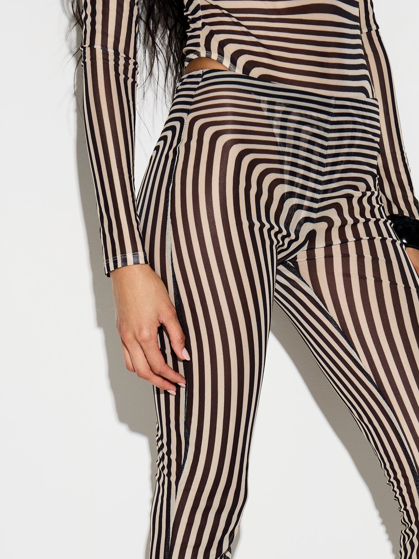 KIZN Striped Mesh Flare Trousers With Vertical Print