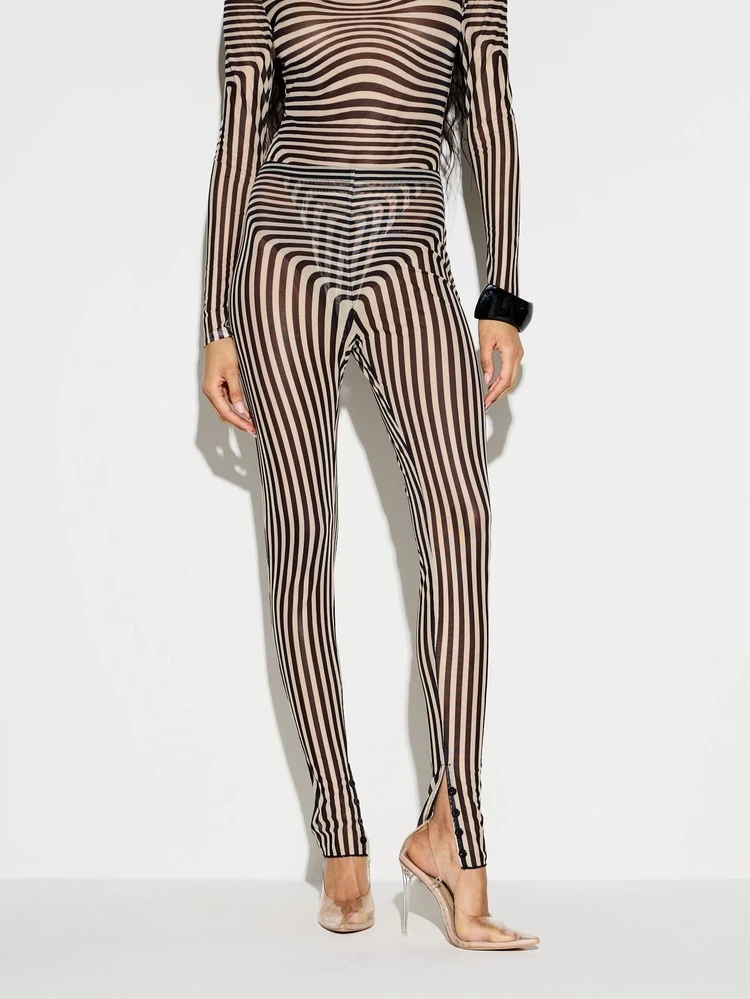 KIZN Striped Mesh Leggings With Split Hem
