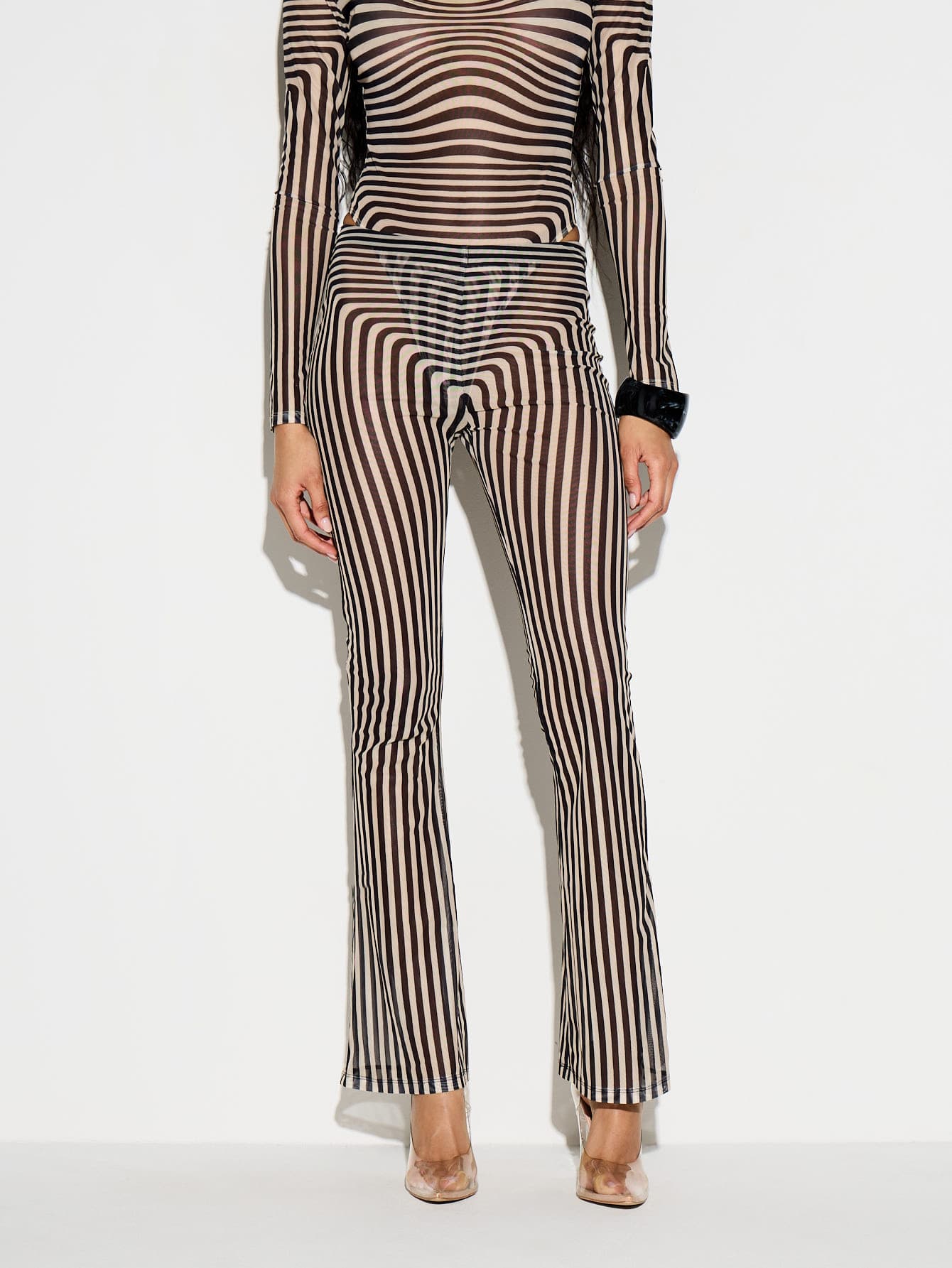 KIZN Striped Mesh Flare Trousers With Vertical Print