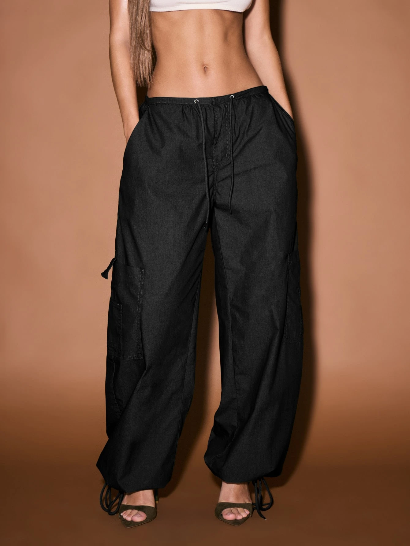 Wide Leg Cargo Pants With Drawstring Ankles