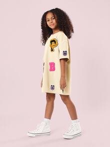 SUMWON Oversized T Shirt Dress With Varsity Patches And Letter Appliques Crew Neck Short Sleeves - Yellow - View 1