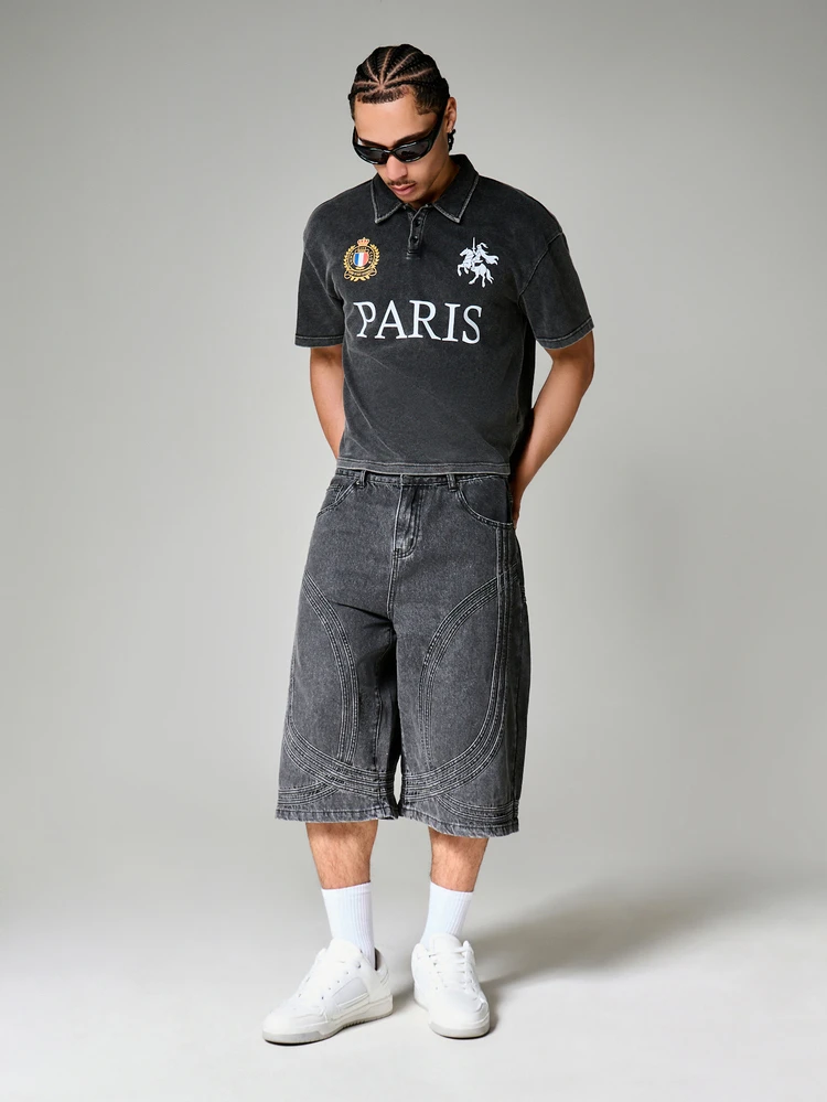 Polo graphique Paris avec broderie et imprimé équestre, manches courtes, coupe régulière, lavé