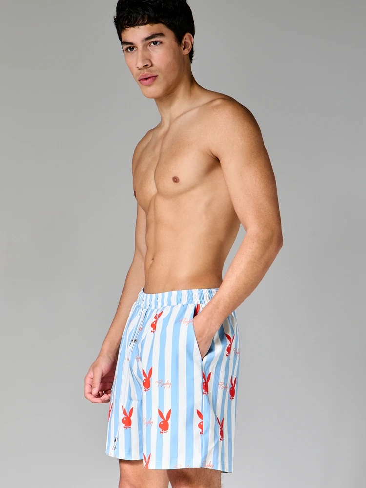 PLAYBOY X SUMWON Bunny AOP Striped Graphic Swim Trunks With Elastic Drawstring Waist Summer Beach Holiday Shorts