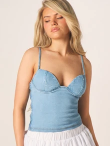MISSGUIDED 牛仔心形领口束身胸衣吊带短款夏季上衣 - 淺色水洗藍 - 查看 5