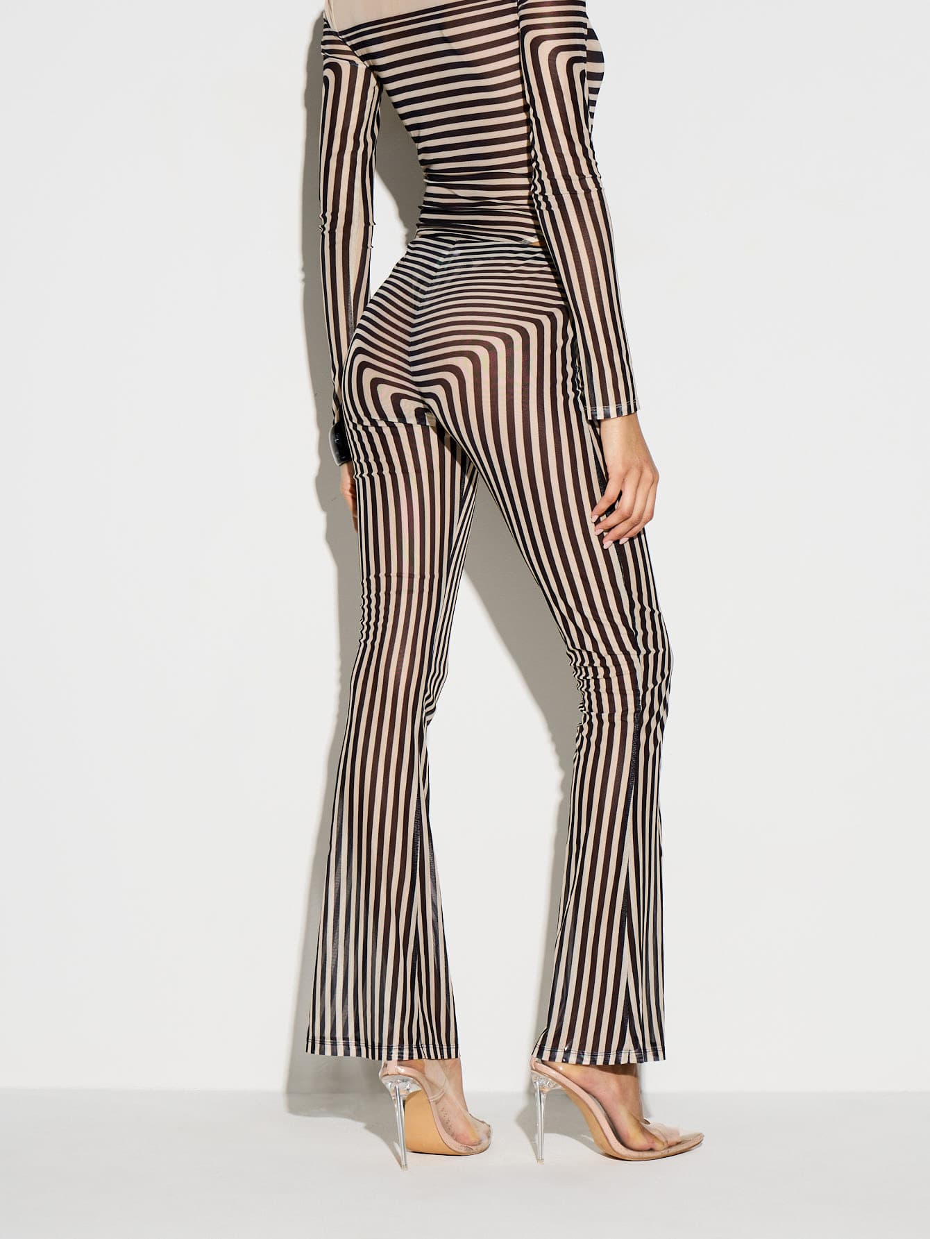 KIZN Striped Mesh Flare Trousers With Vertical Print