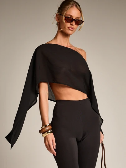 AiiRZ Áo choàng lệch vai bất đối xứng với tay áo bồng bềnh, áo crop top một vai bằng chiffon xếp nếp, trang phục dự tiệc buổi tối thanh lịch, nổi bật.