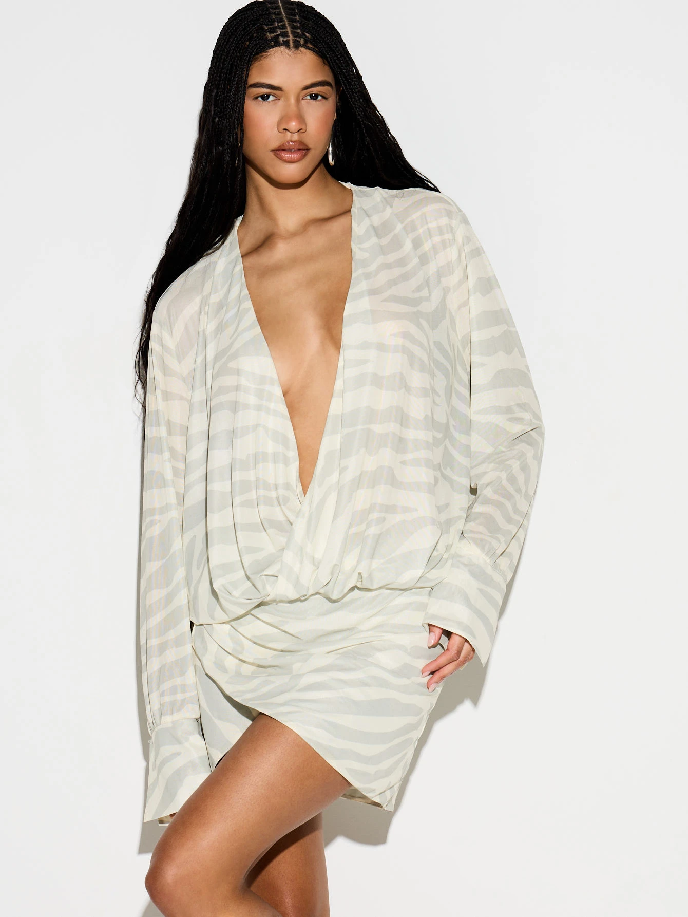 KIZN Long Sleeve Zebra Print Plunge Cover Up Dress
