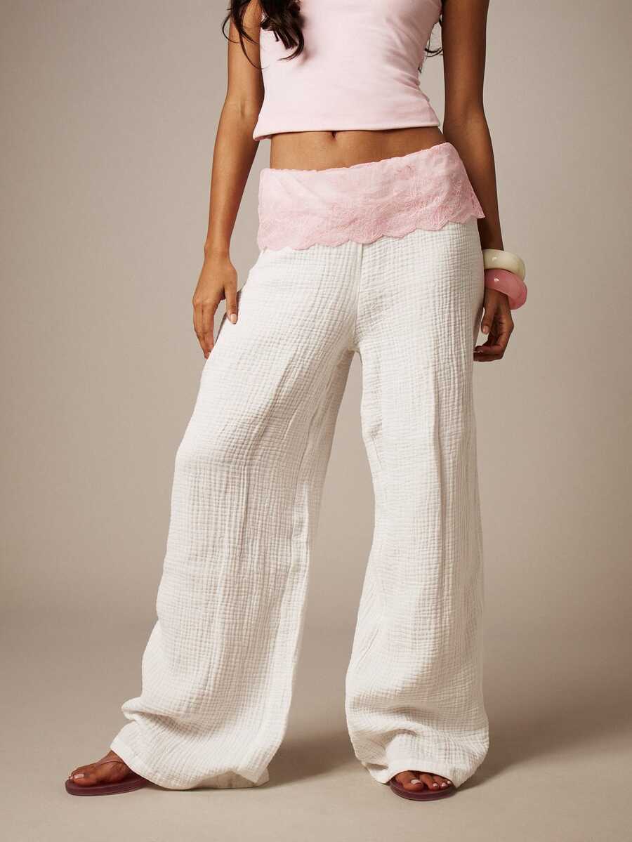 MISSGUIDED 浅粉色蕾丝腰带阔腿裤,适合夏季度假海滩休闲穿着。 - 白色 - 查看 1