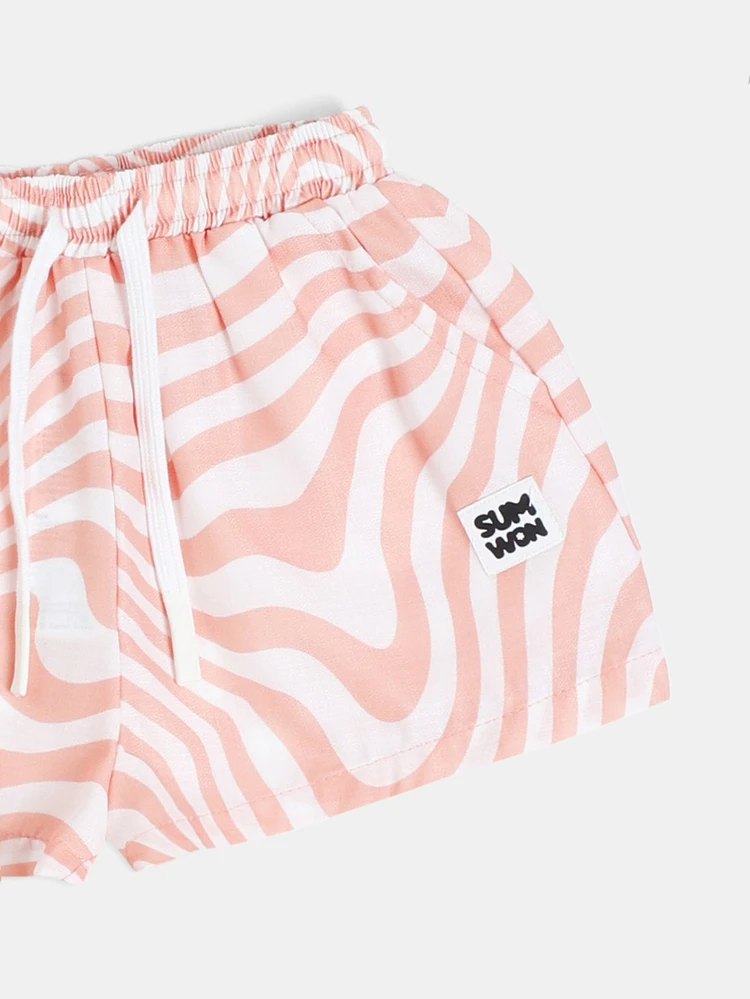 Ensemble coordonné d'été en deux pièces : t-shirt court col rond pour filles et short imprimé de spirales ondulées