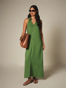 KSTM Collared V-Neck Sleeveless A-Line Maxi Dress Summer Linen-Look Long Halter Neck Dress Beach Holiday - Green - View 3