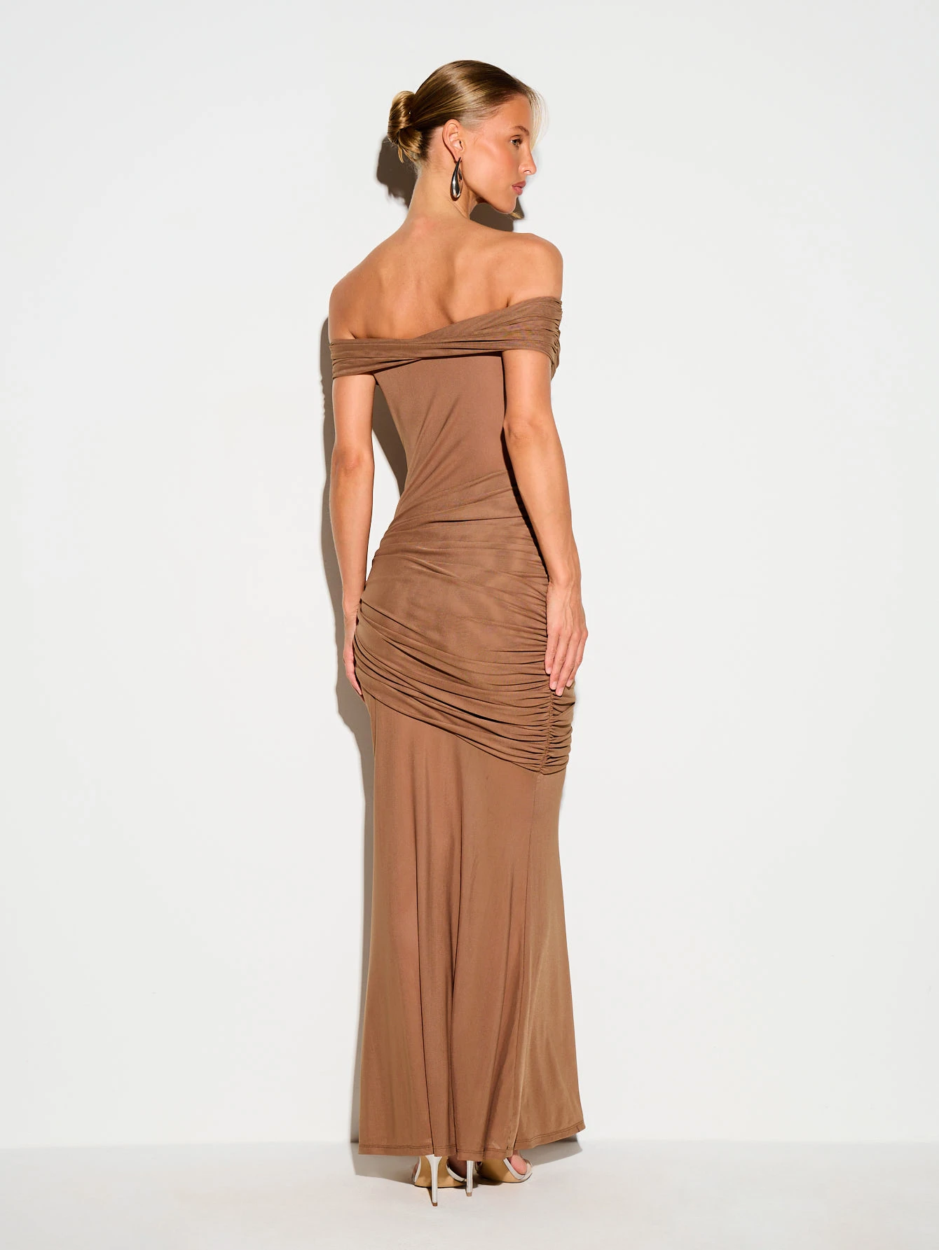 KIZN Off-Shoulder Twist Bardot Ruched Maxi Dress