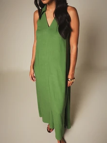 KSTM Collared V-Neck Sleeveless A-Line Maxi Dress Summer Linen-Look Long Halter Neck Dress Beach Holiday - Green - View 6