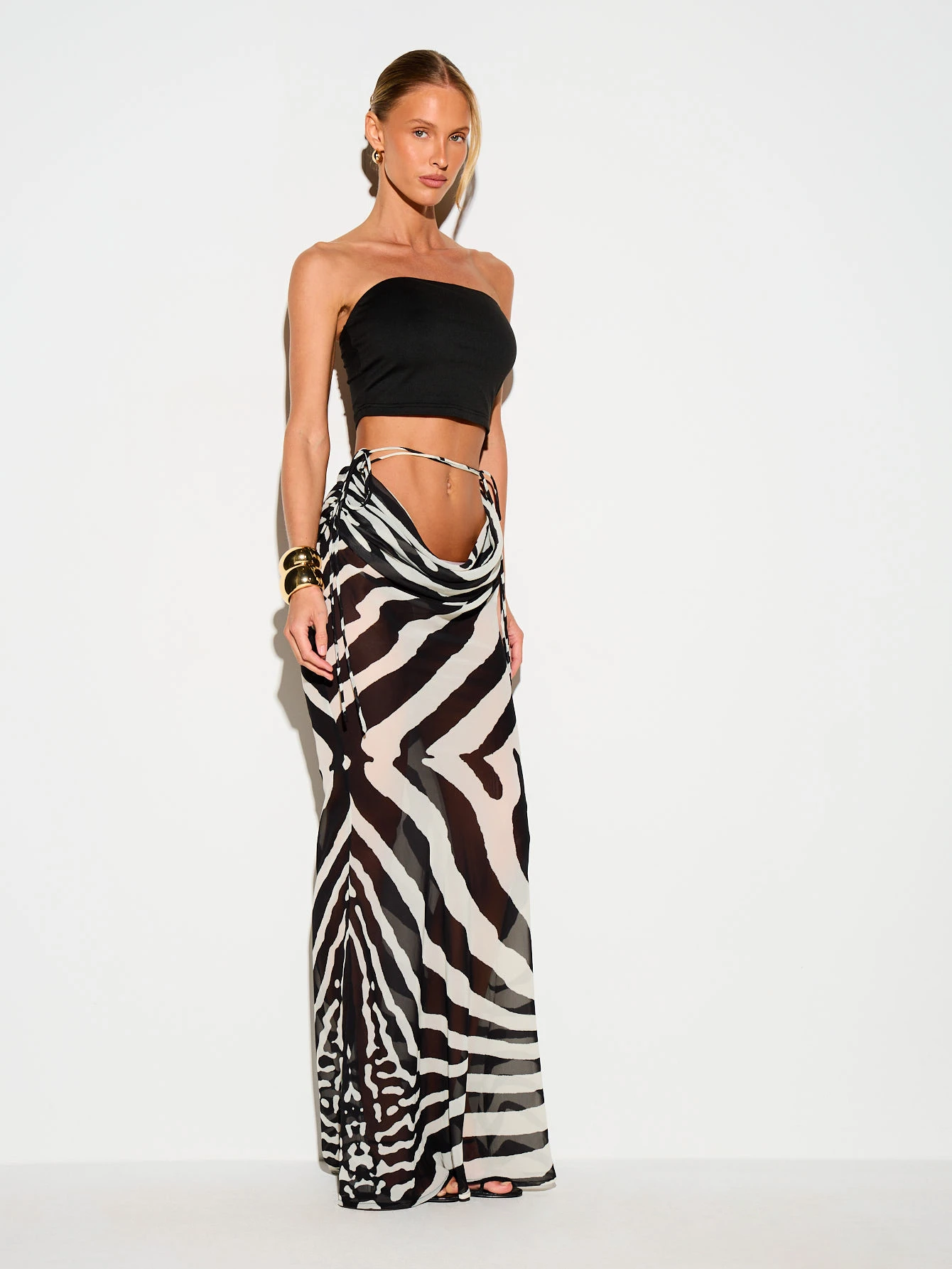 KIZN Zebra Print Chiffon Maxi Skirt With Tie Detail