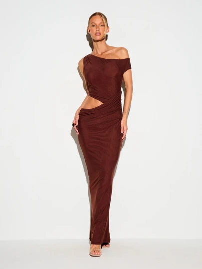 KIZN Drape One-Shoulder Cut-Out Ruched Mesh Maxi Dress Evening Floor Length Bodycon Gown
