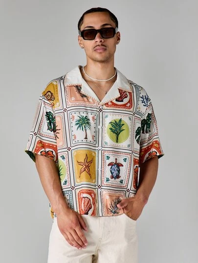 SUMWON Relaxed Fit Linen Feel Printed Resort Shirt With Camp Collar Short Sleeves Tropical AOP Summer Holiday