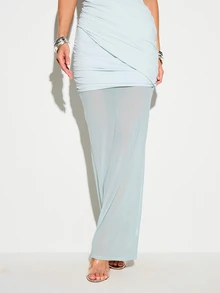 Sleeveless Boat Neck Ruched Bodycon Maxi Dress With Mesh Overlay Skirt Evening Party Summer - Blue - View 4