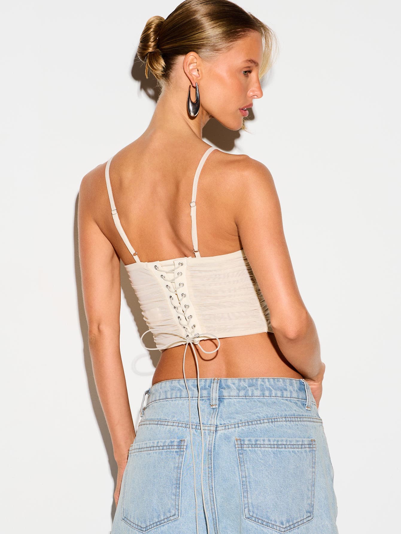 KIZN Ruched Mesh Corset Top With Lace-Up Back