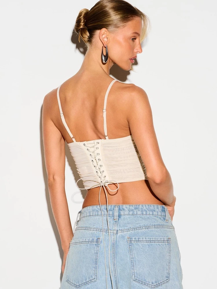 KIZN Ruched Mesh Corset Top With Lace-Up Back