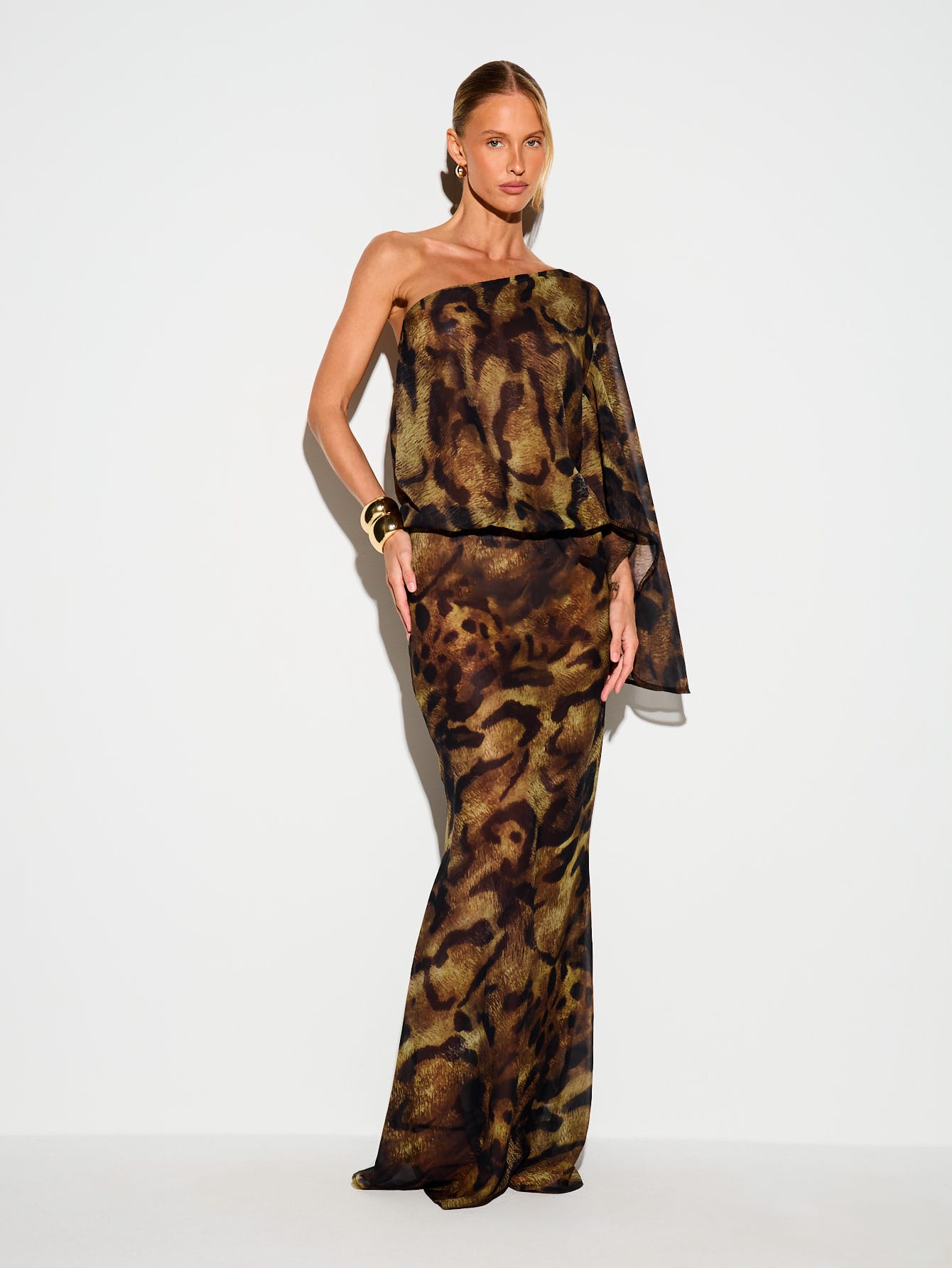 KIZN One Shoulder Chiffon Maxi Dress With Cape Sleeve