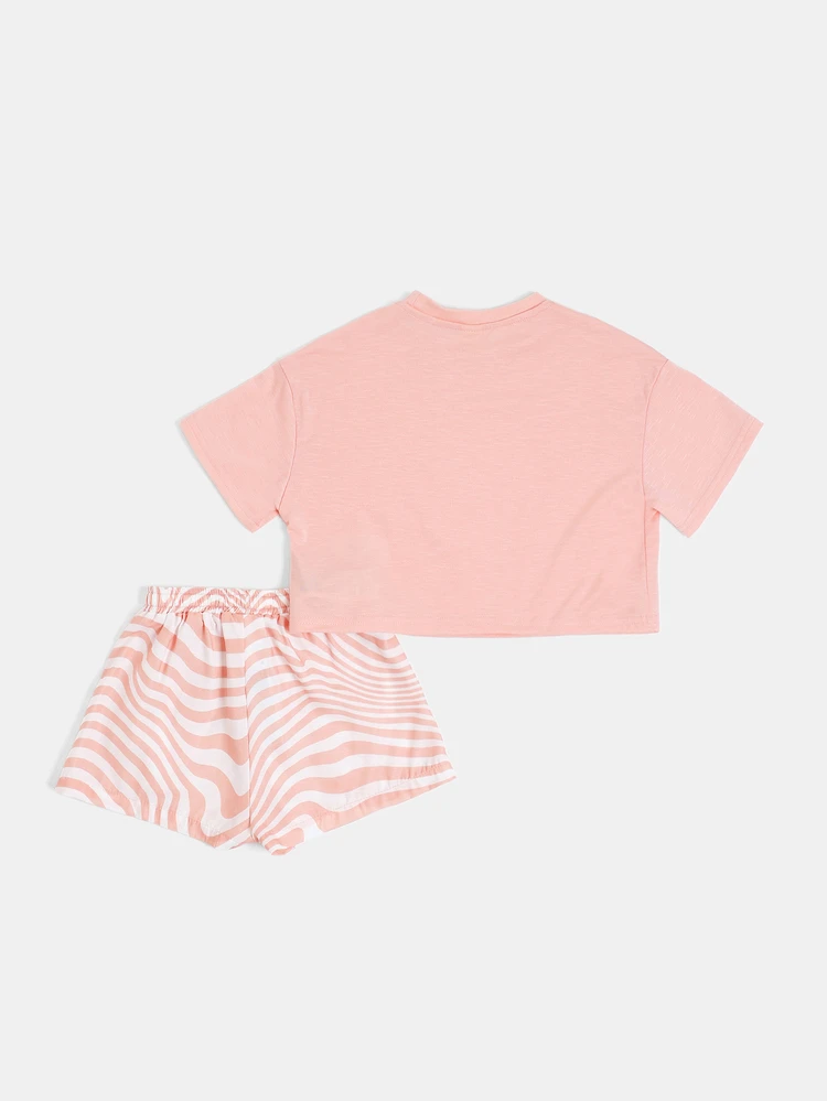 Ensemble coordonné d'été en deux pièces : t-shirt court col rond pour filles et short imprimé de spirales ondulées