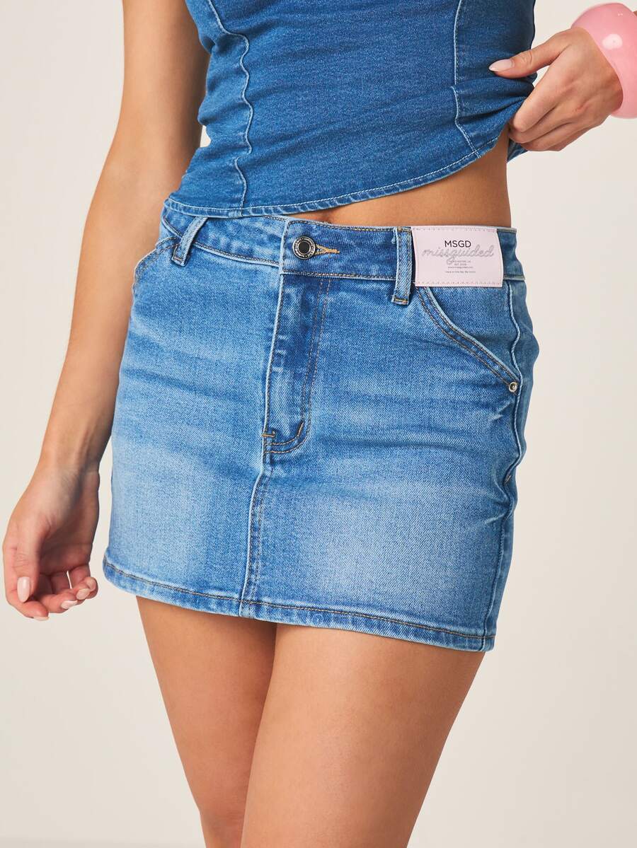 MISSGUIDED Misguided Tab 牛仔迷你裙，五口袋设计，低腰剪裁，适合夏季节日休闲穿着 - 藍色 - 查看 1