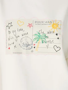 MISSGUIDED 超大明信片图案印花圆领短袖T恤 夏季假日休闲T恤 - 白色 - 查看 2