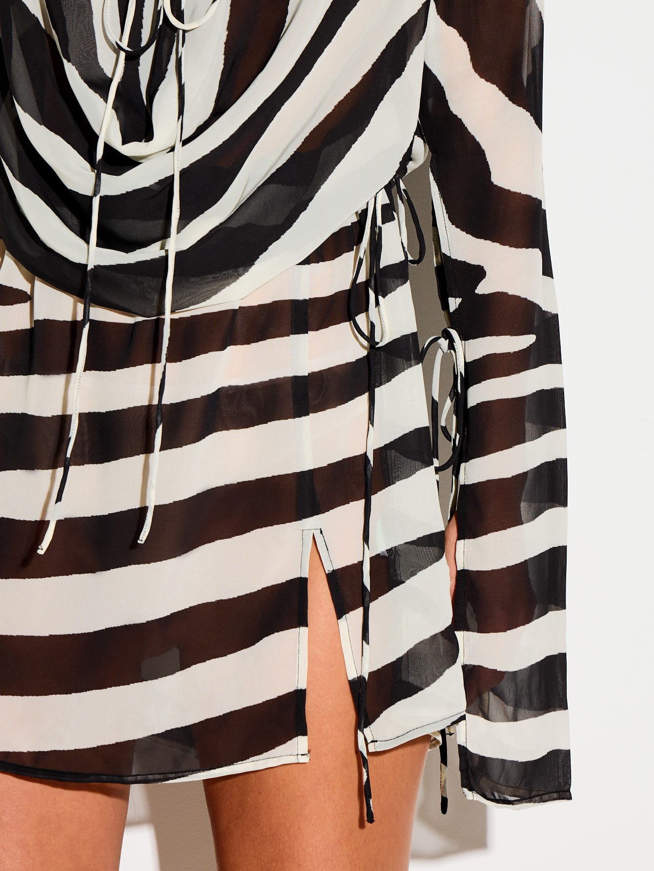 KIZN Zebra Chiffon Cowl Neck Mini Dress With Bell Sleeves