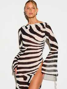 Sheer Chiffon Zebra Print Extreme High Split Maxi Dress With Open Back And Bell Sleeves - Multicolor - View 4