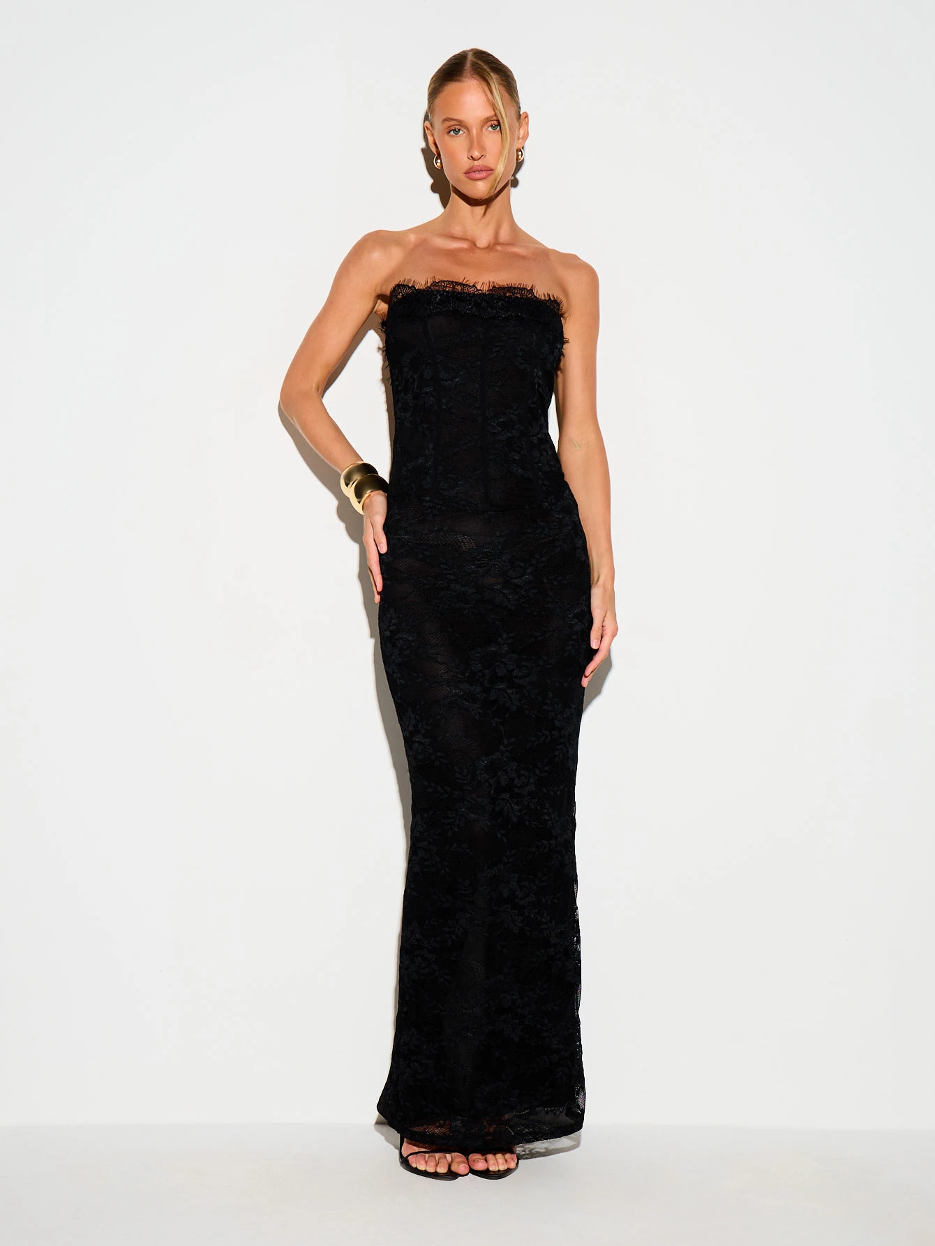 KIZN Strapless Lace Maxi Dress With Eyelash Trim
