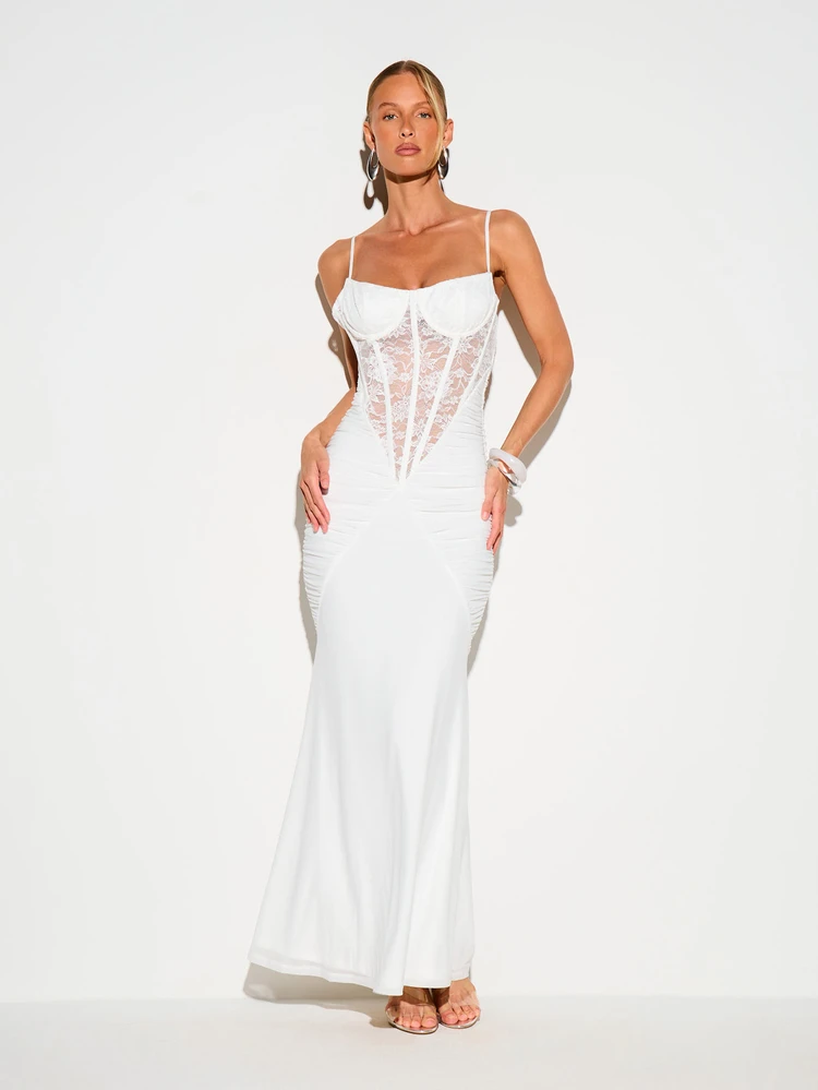 KIZN Ruched Lace Corset Mermaid Maxi Dress
