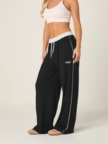 MISSGUIDED 阔腿休闲裤，波点图案，弹性腰带，侧边撞色滚边，抽绳系带细节 - 黑色 - 查看 2