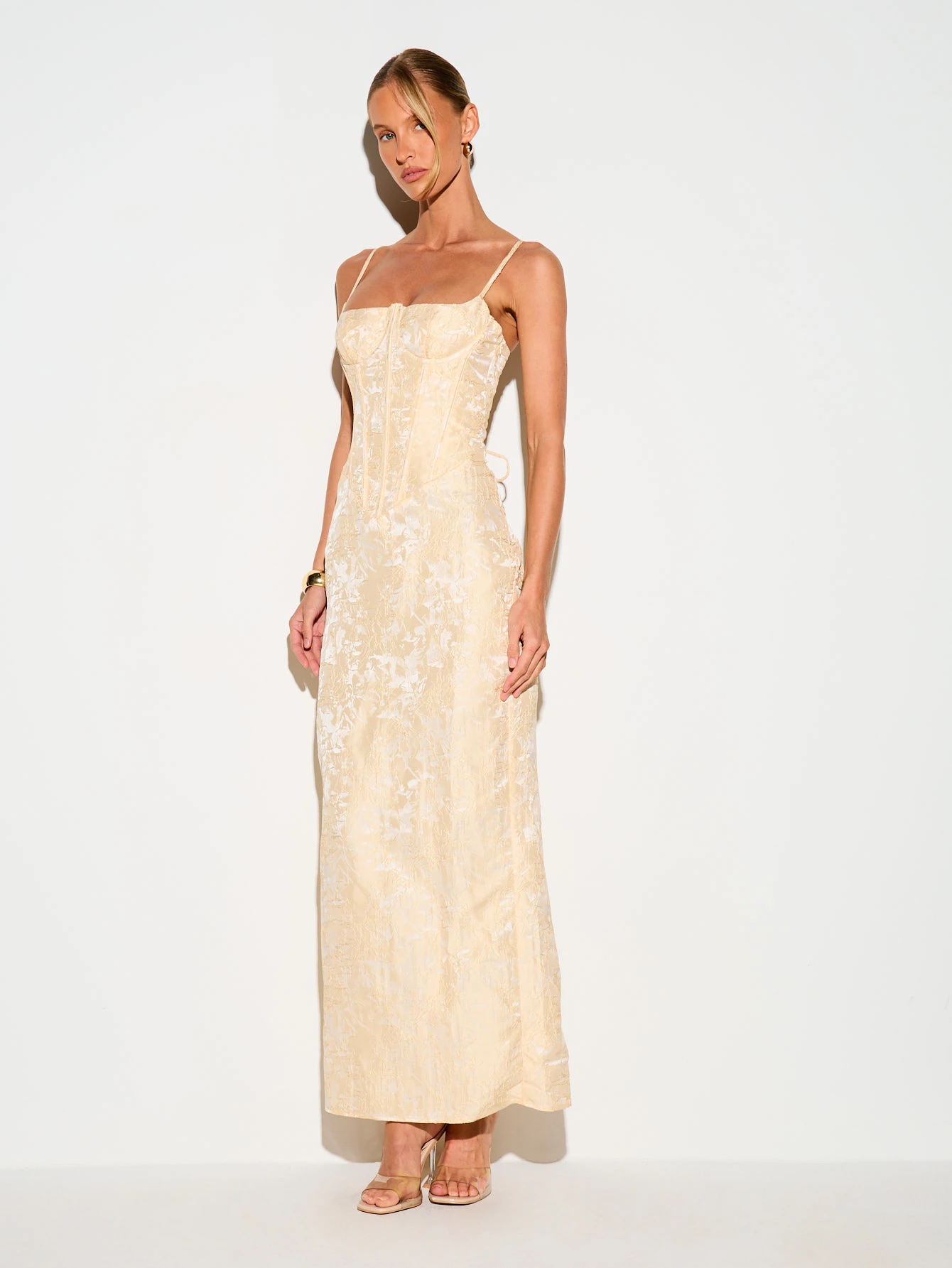 KIZN Floral Jacquard Corseted Maxi Dress With Lace-Up Back