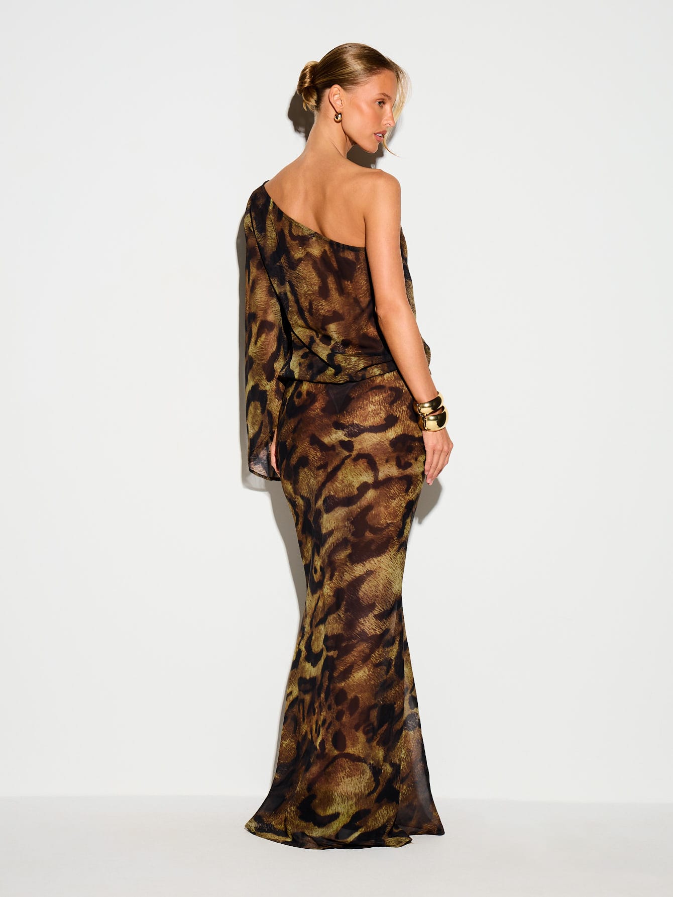 KIZN One Shoulder Chiffon Maxi Dress With Cape Sleeve