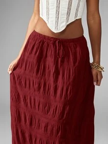 MISSGUIDED Crinkle Maxi Skirt With Elastic Drawstring Waist Flowy Tiered Bohemian Floor Length Style - Red - View 4