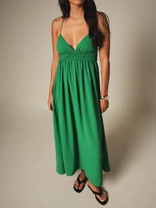 KSTM Strappy Open Back Smocked Waist Midi Dress With Deep V-Neck Summer Vacation Flowy Maxi Skirt Style - Green - View 5