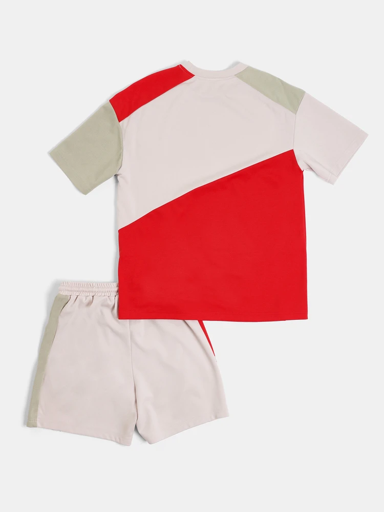 Tween Boys Colour Block Co-Ord Set Crew Neck Short Sleeve T-Shirt And Matching Shorts Summer Two-Piece Outfit
