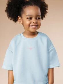 SUMWON Girls Happy Graphic Back Print Oversized T-Shirt And Shorts Co-Ord Set Casual Summer Everyday Wear Age 4 - Blue - View 3
