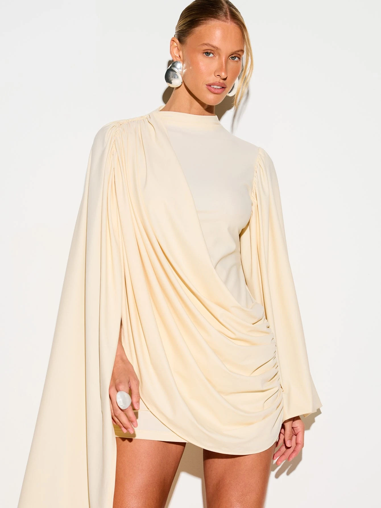 KIZN Mini Dress With Drape Cape And Balloon Sleeves