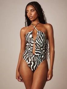 MISSGUIDED Zebra Print Halter Neck One-Piece Swimsuit With Cut-Out Detail And Tie Back Summer Beach Vacation Swimwear - Multicolor - View 3
