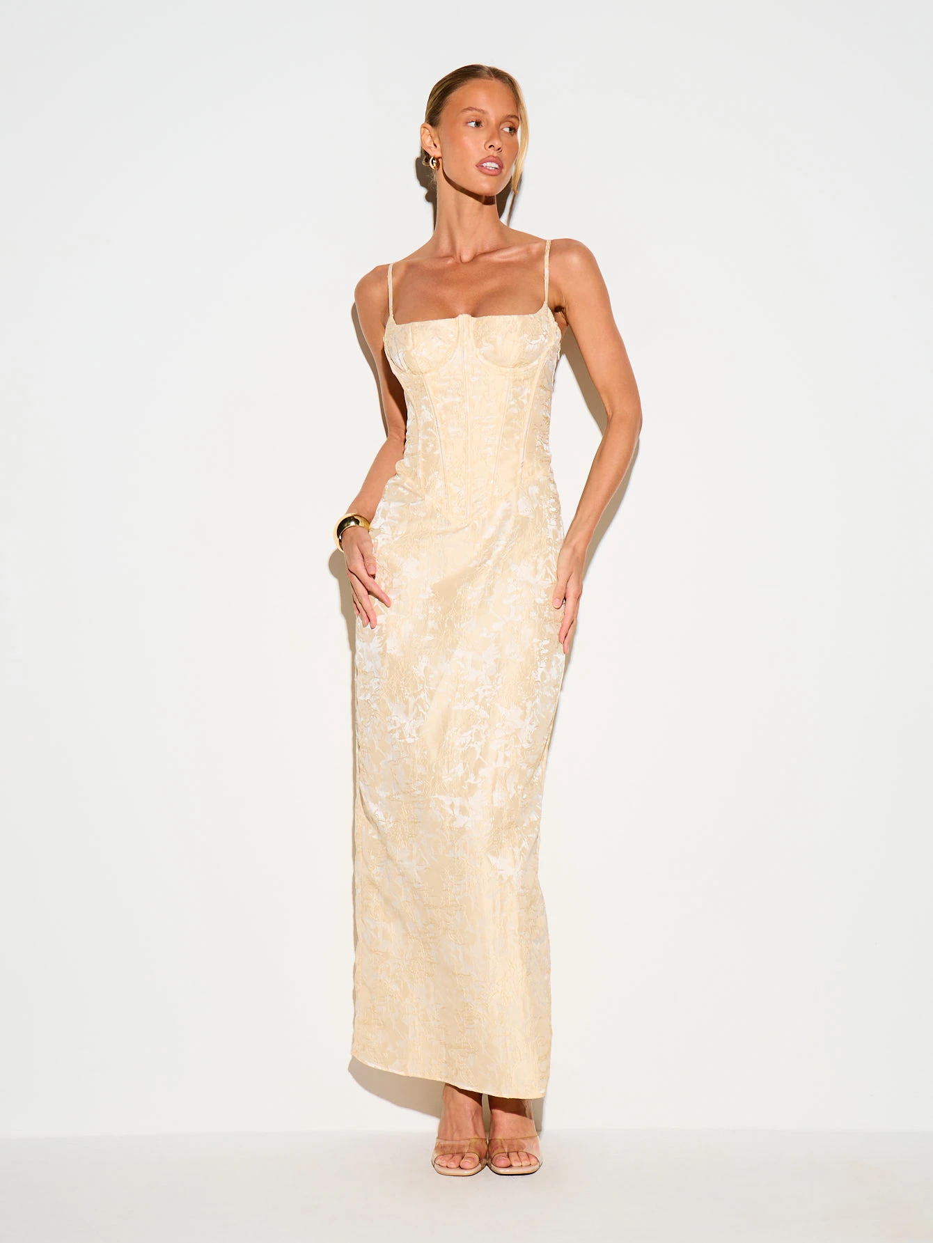 KIZN Floral Jacquard Corseted Maxi Dress With Lace-Up Back