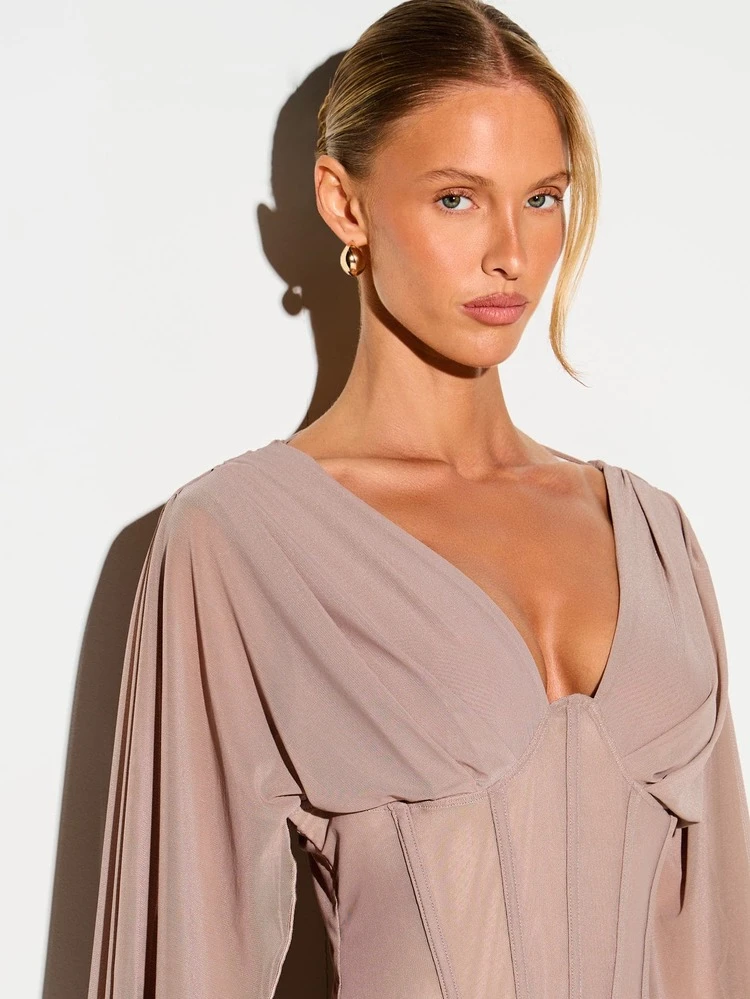 KIZN Corseted Mini Dress With Cape Sleeves And Ruffled Hem