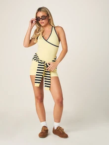MISSGUIDED Wrap Front Halter Neck Active Unitard With Contrast Binding Detail And Strappy Back Summer Shorts Jumpsuit - Multicolor - View 3
