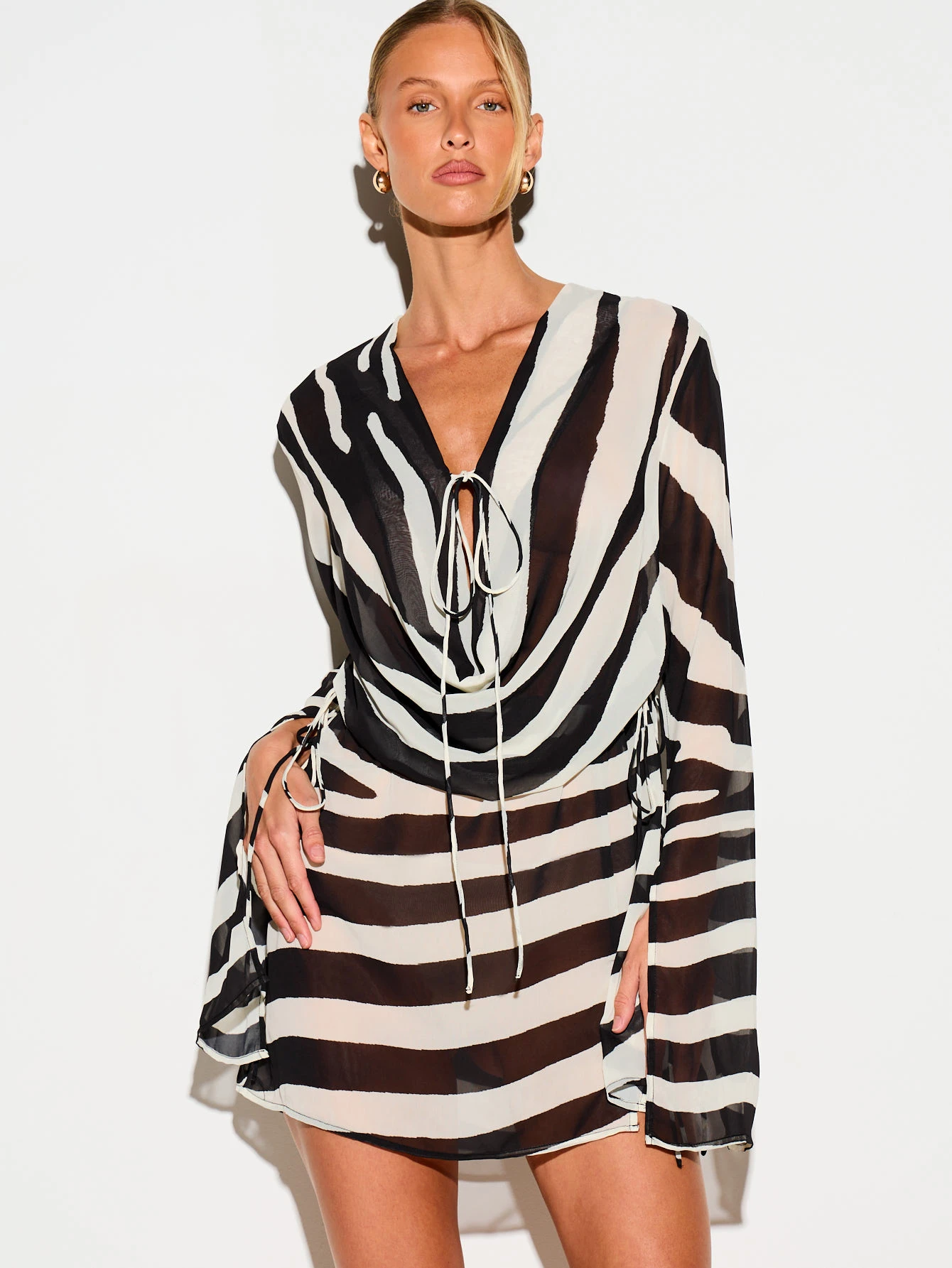 KIZN Zebra Chiffon Cowl Neck Mini Dress With Bell Sleeves